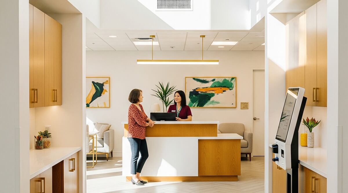 Modern medical office with patient engaging with staff